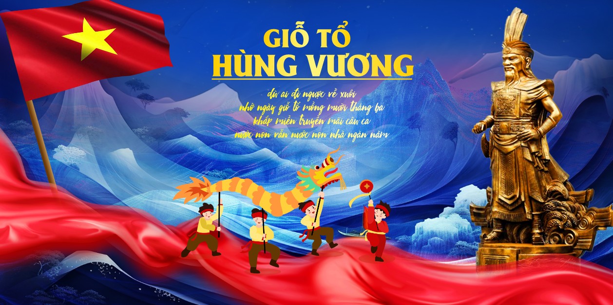 Holiday announcement poster for Hung Kings' Commemoration Day featuring a golden statue, with the Vietnamese flag, a festive background, poster thông báo lịch nghỉ Giỗ tổ